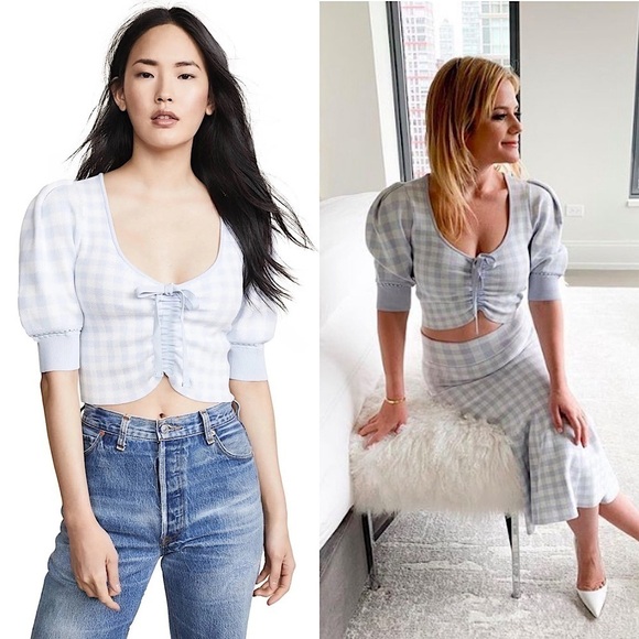 JONATHAN SIMKHAI Gingham Compact Knit Puff Short Sleeve Ruched Tie Crop Top S - Picture 1 of 9